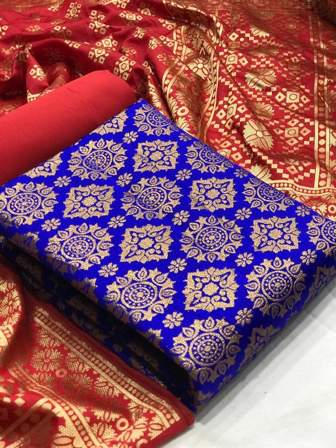 

Angroop Jacquard Work Banarasi Silk Woven Design Unstitched Dress Material, Blue