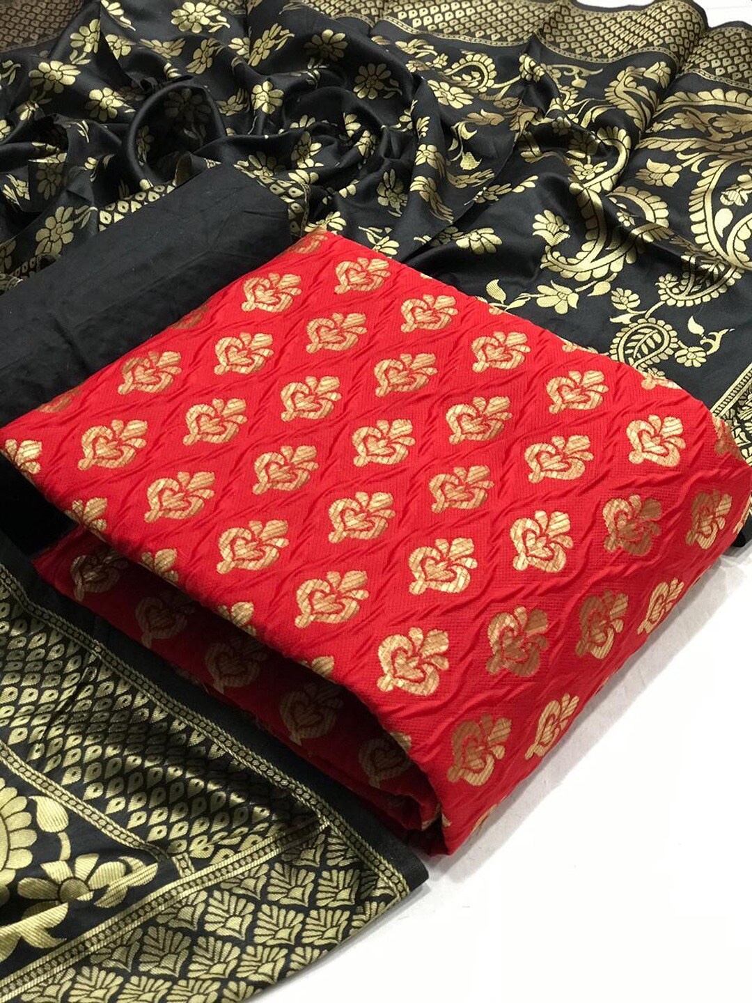 

Angroop Jacquard Work Banarasi Silk Woven Design Unstitched Dress Material, Red