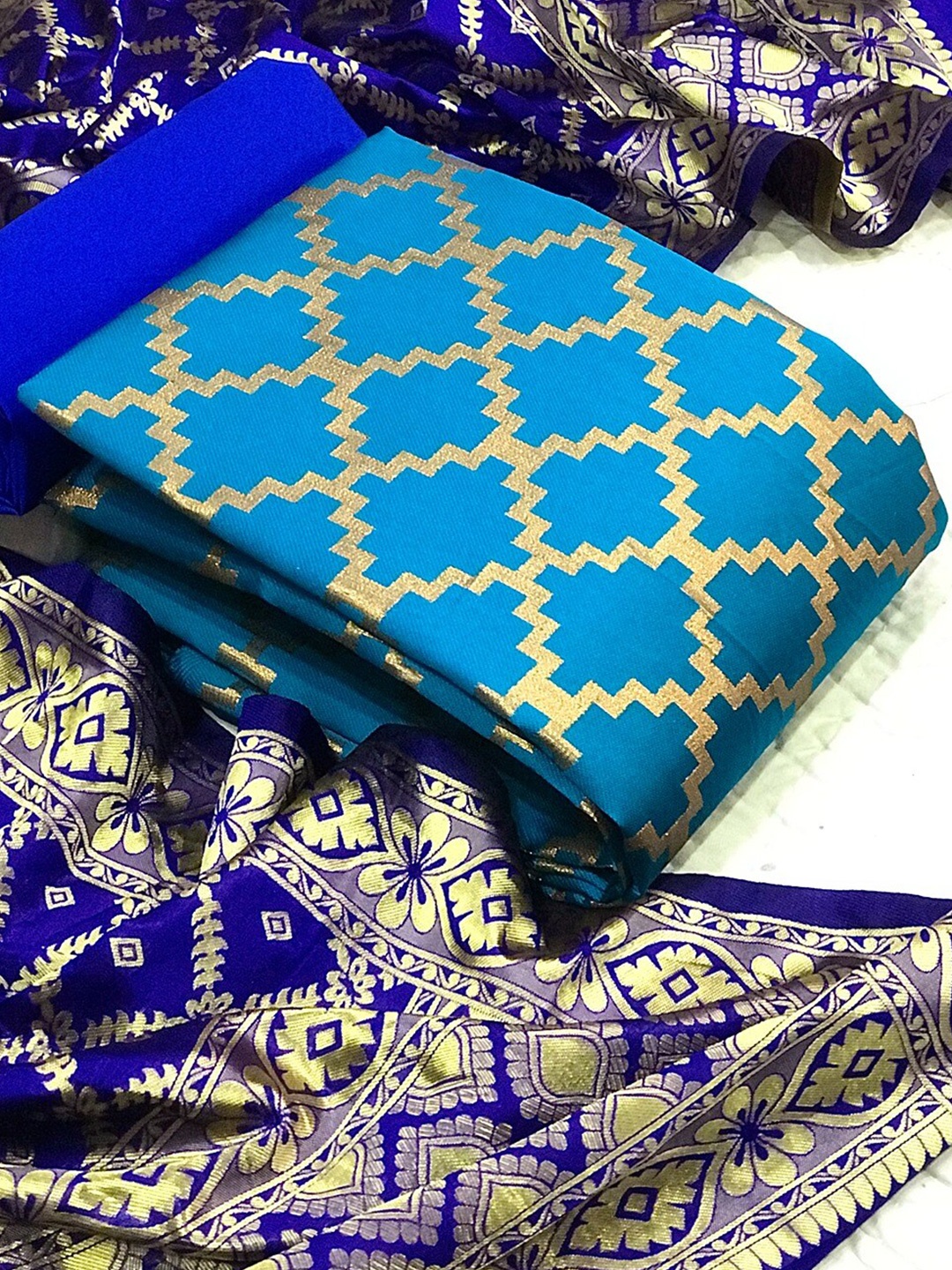 

Angroop Jacquard Work Banarasi Silk Woven Design Unstitched Dress Material, Blue