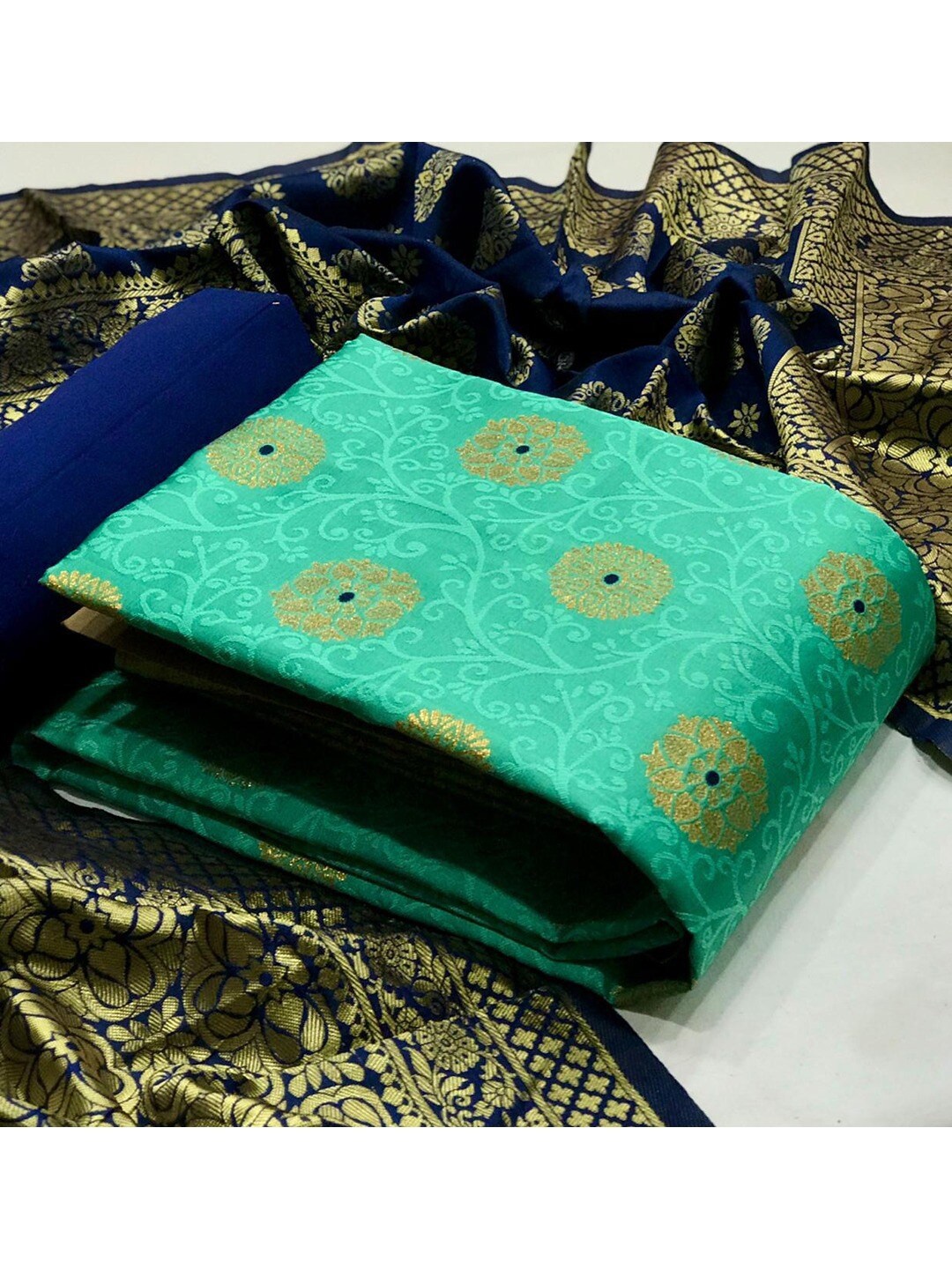 

Angroop Banarasi Silk Unstitched Dress Material, Green