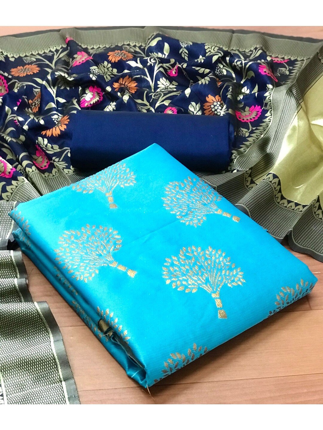 

Angroop Banarasi Silk Embellished Unstitched Dress Material, Blue
