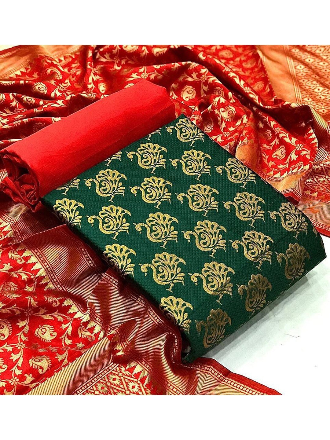 

Angroop Banarasi Silk Unstitched Dress Material, Green