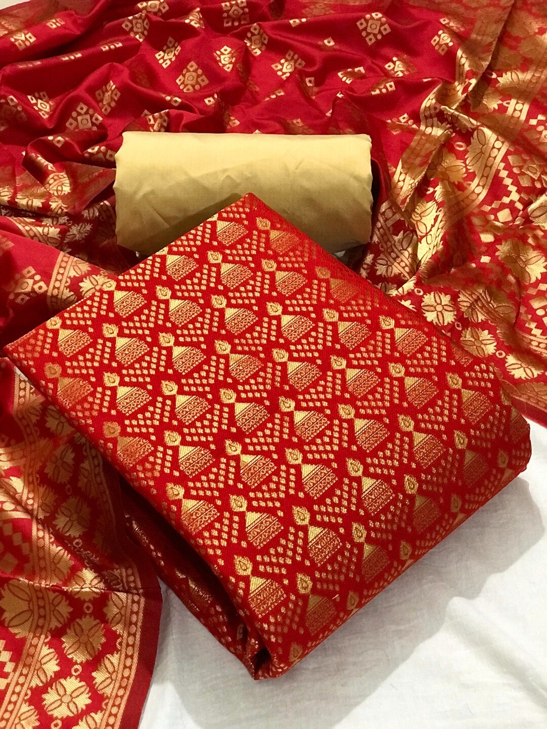 

Angroop Banarasi Silk Unstitched Dress Material, Red