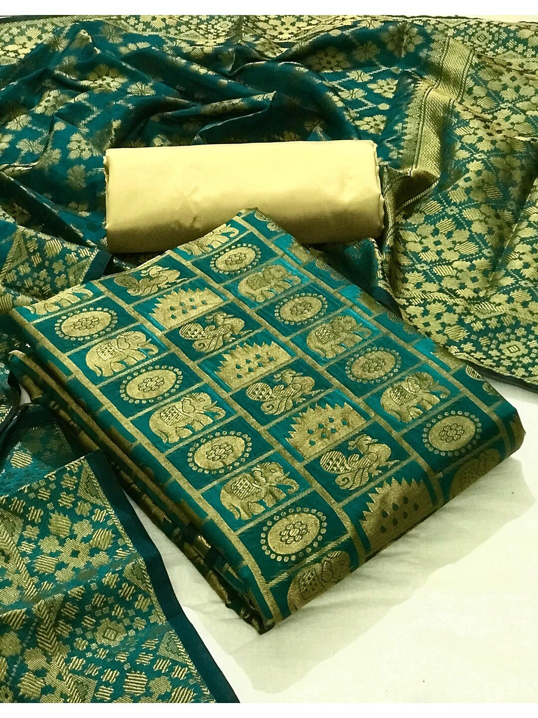 

Angroop Banarasi Silk Unstitched Dress Material, Green