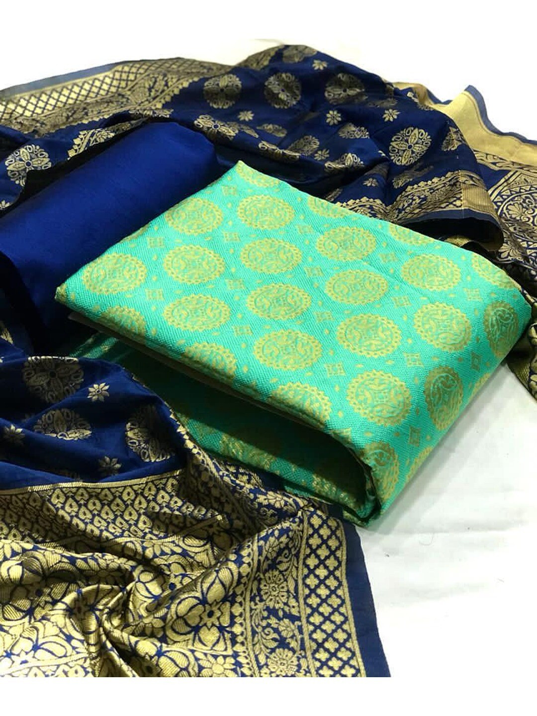 

Angroop Banarasi Silk Unstitched Dress Material, Green