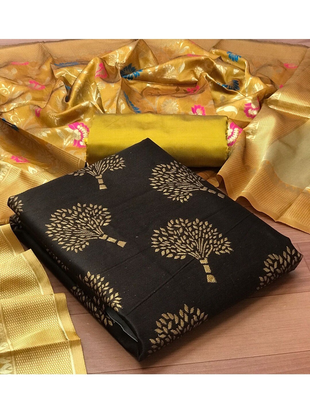 

Angroop Banarasi Silk Embellished Unstitched Dress Material, Black