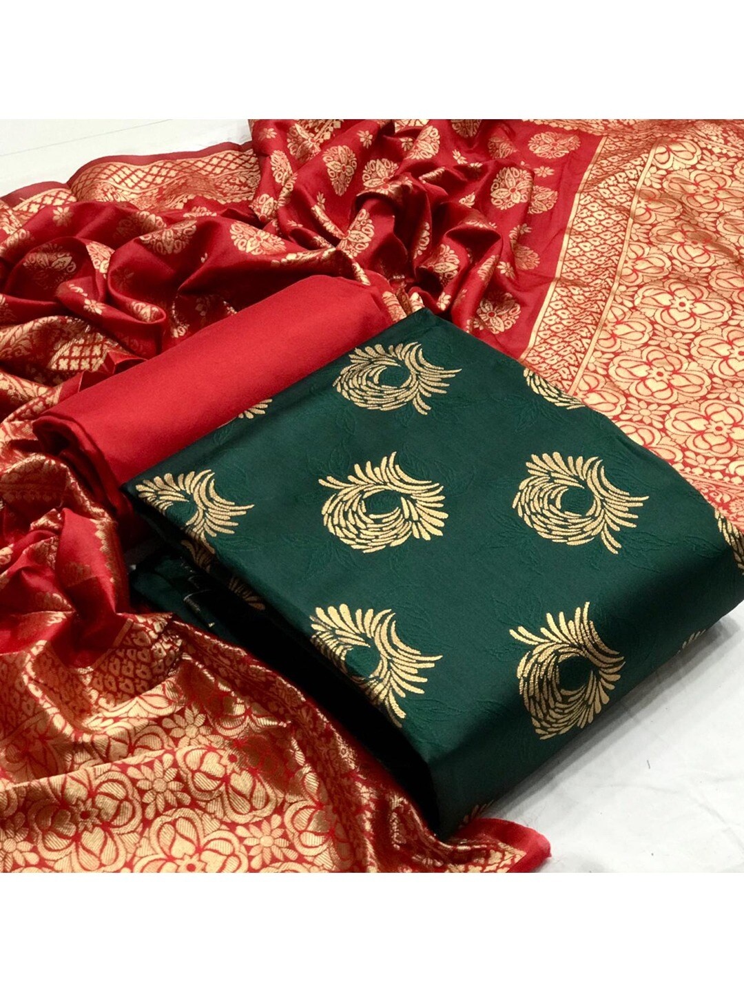 

Angroop Banarasi Silk Unstitched Dress Material, Green