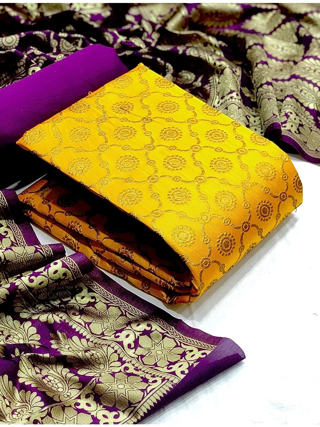 

Angroop Banarasi Silk Unstitched Dress Material, Yellow