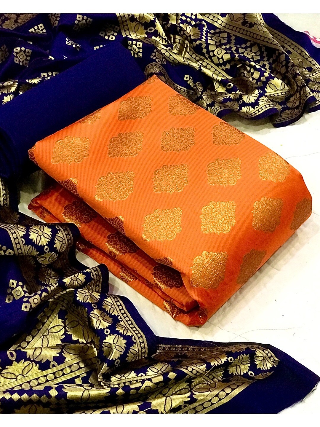 

Angroop Banarasi Silk Unstitched Dress Material, Orange