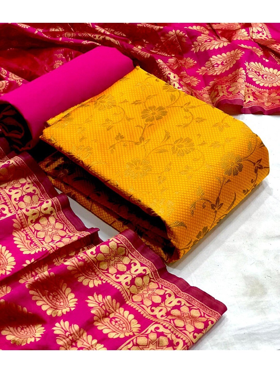 

Angroop Floral Banarasi Silk Unstitched Dress Material, Yellow