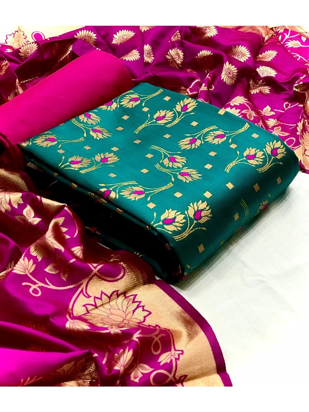 

Angroop Banarasi Silk Unstitched Dress Material, Green