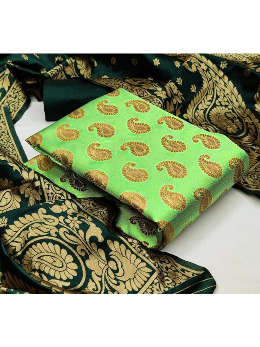 

Angroop Banarasi Silk Unstitched Dress Material, Green