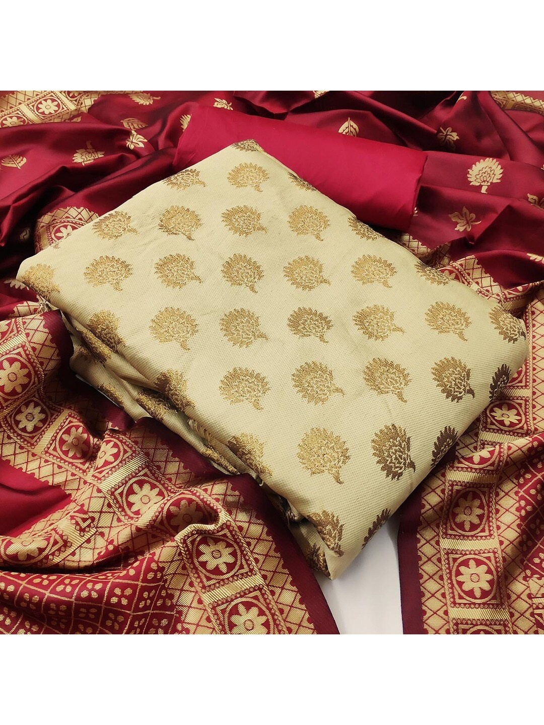 

Angroop Banarasi Silk Unstitched Dress Material, Cream