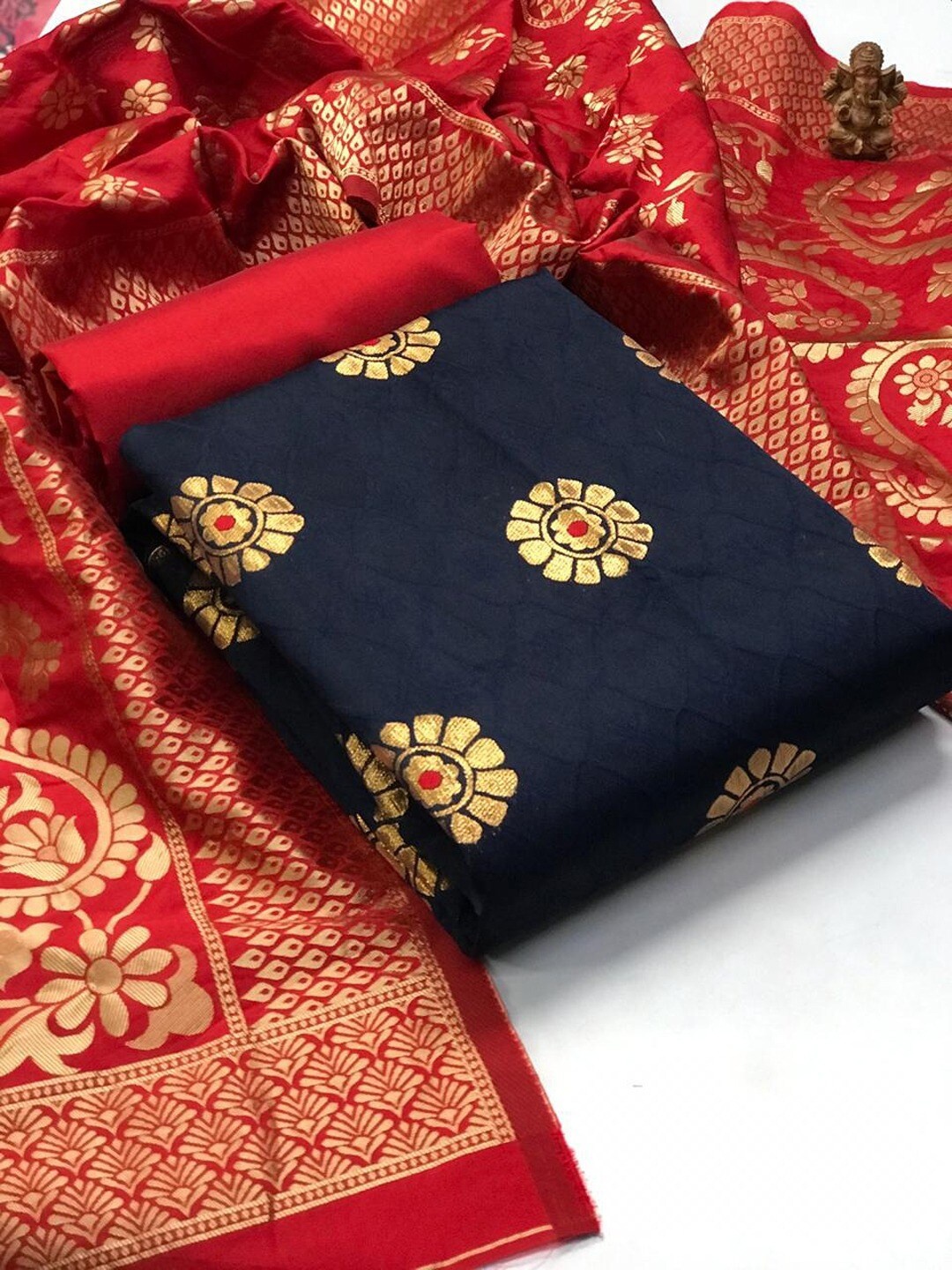 

Angroop Banarasi Silk Unstitched Dress Material, Navy blue