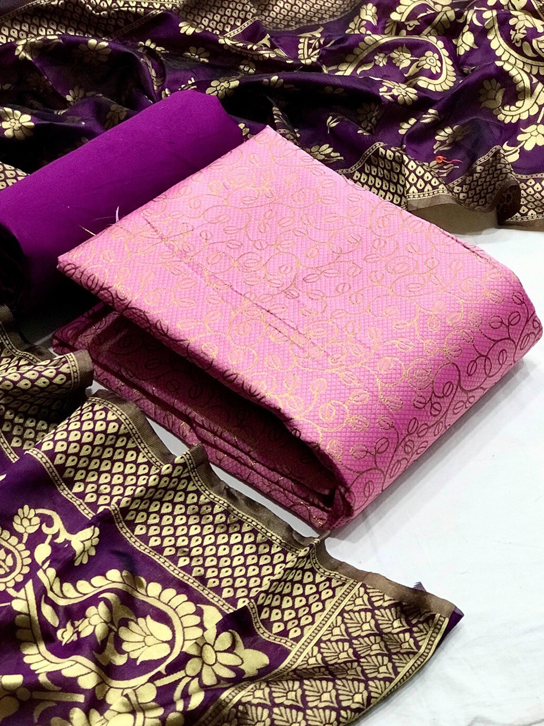 

Angroop Banarasi Silk Unstitched Dress Material, Pink