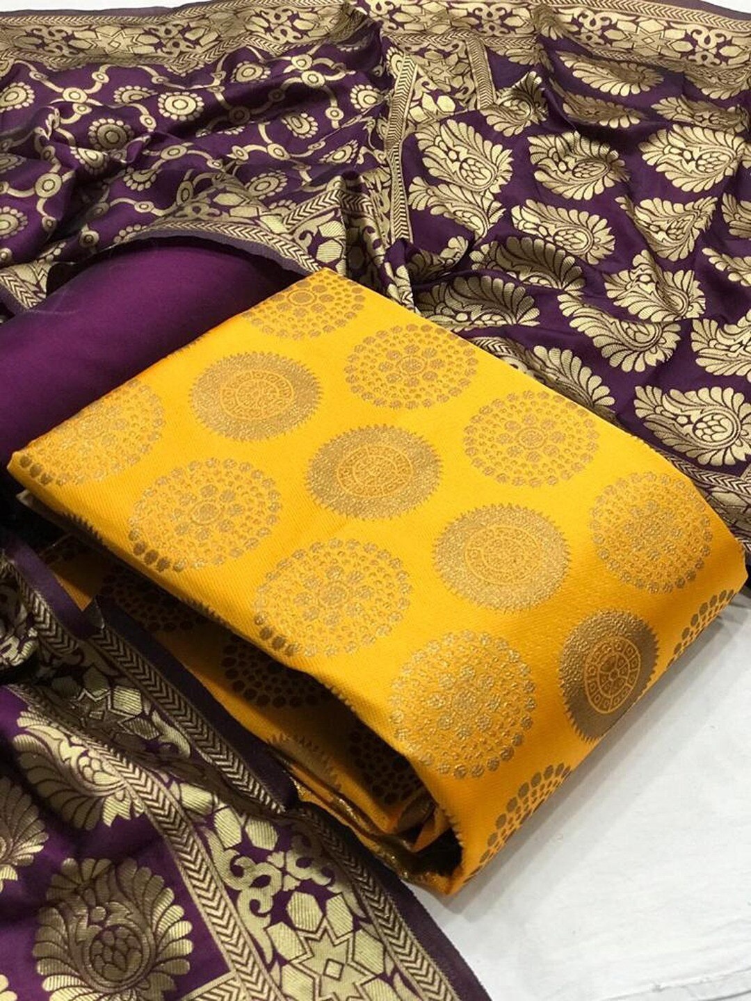 

Angroop Woven Design Banarasi Silk Unstitched Dress Material, Yellow
