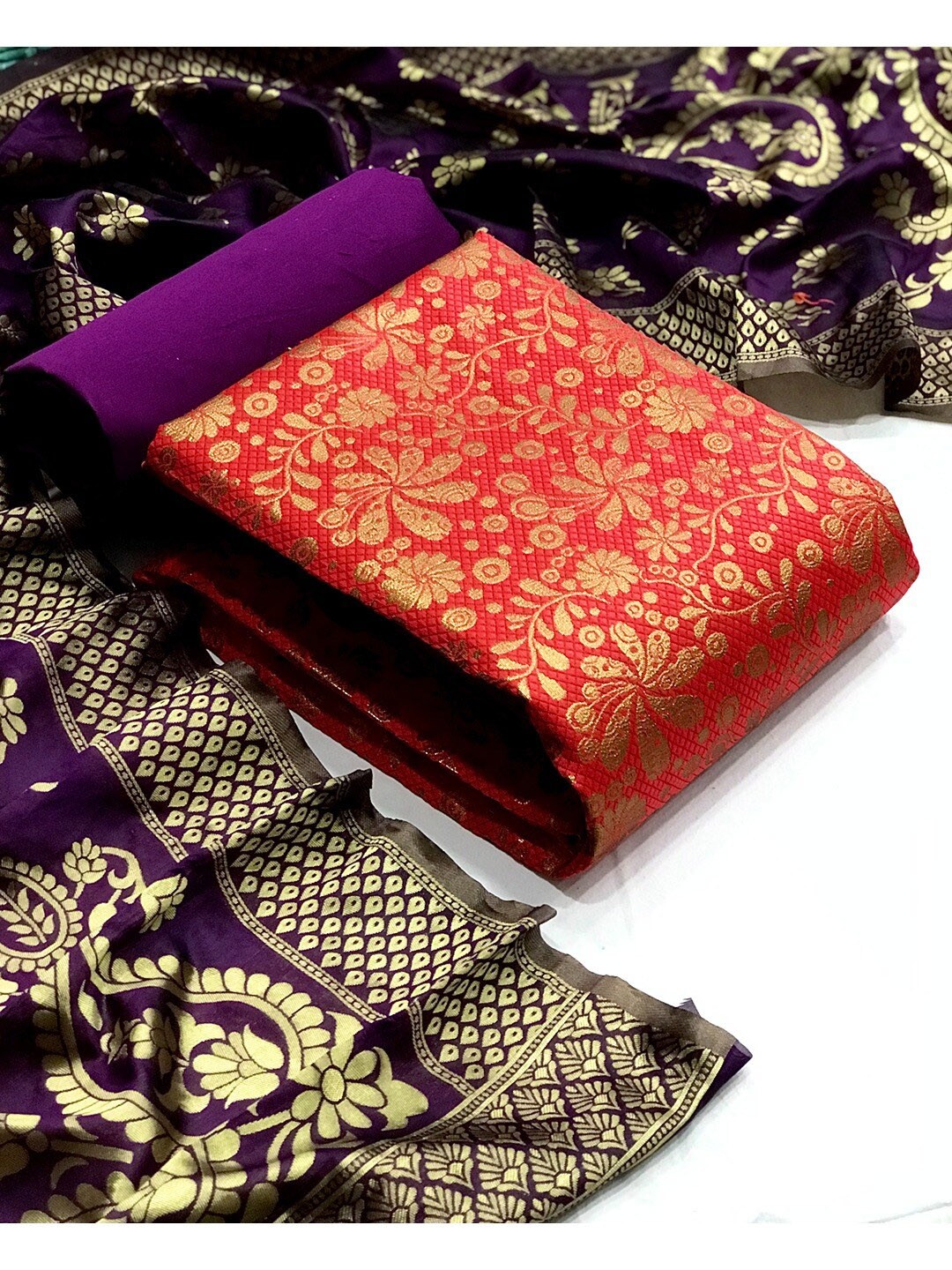 

Angroop Woven Design Unstitched Dress Material, Red