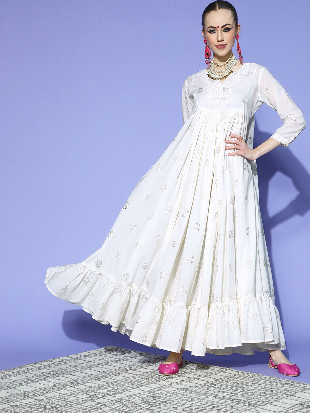 

kipek Printed Ethnic Notch Neck Cotton Maxi Dress, White