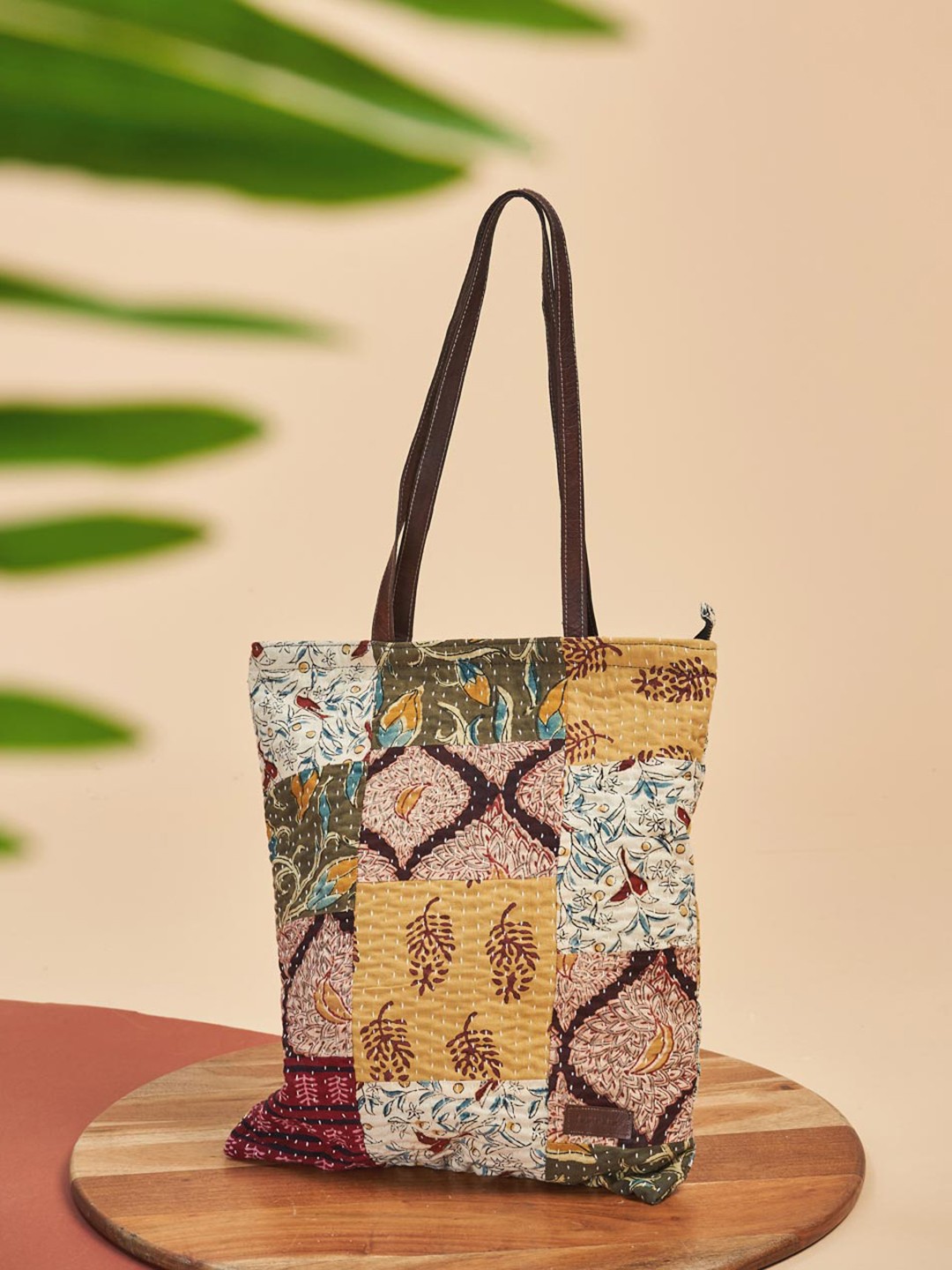 

Fabindia Printed Shopper Tote Bag with Applique, Beige