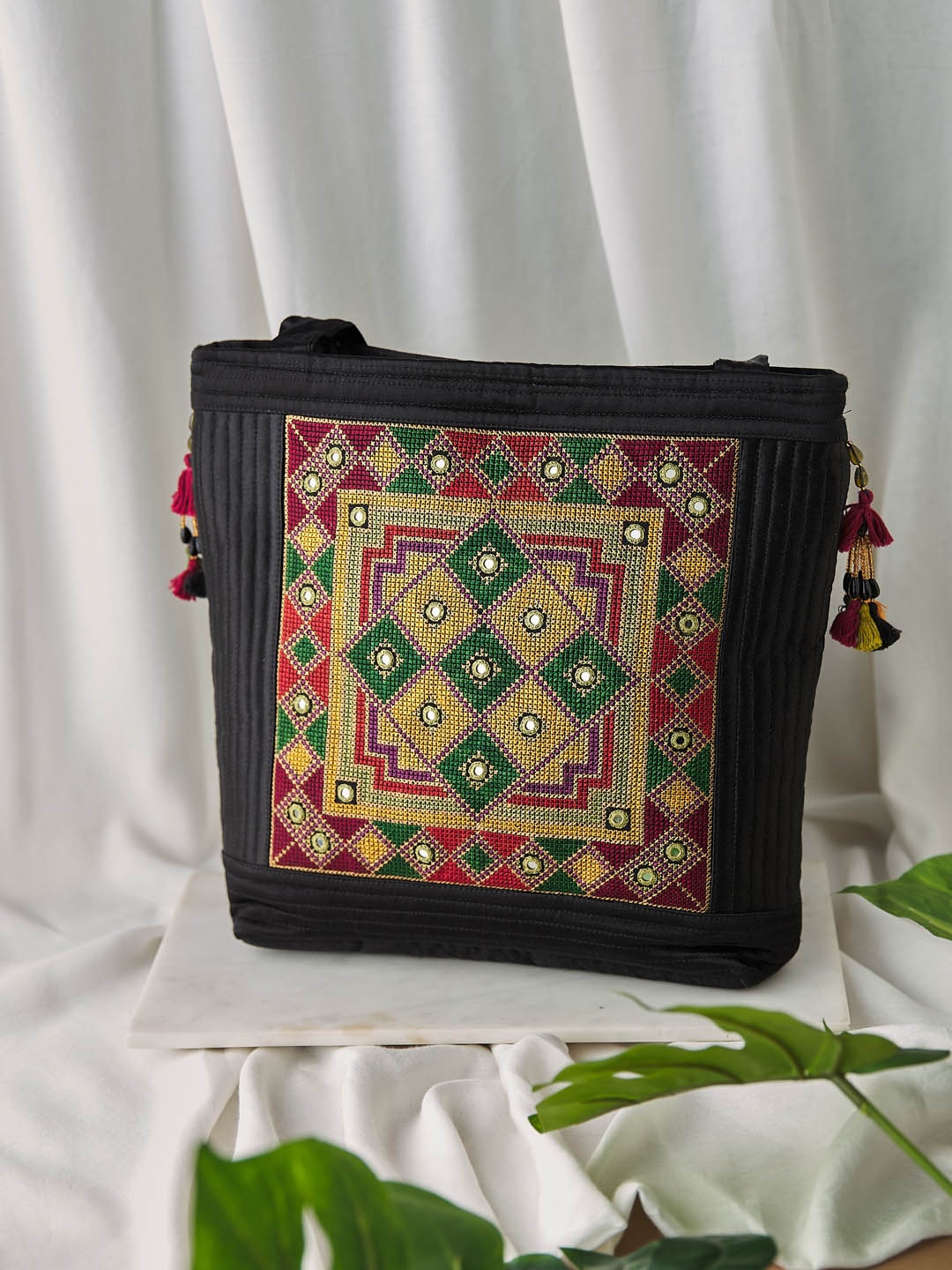 

Fabindia Ethnic Motifs Textured Structured Shoulder Bag, Black