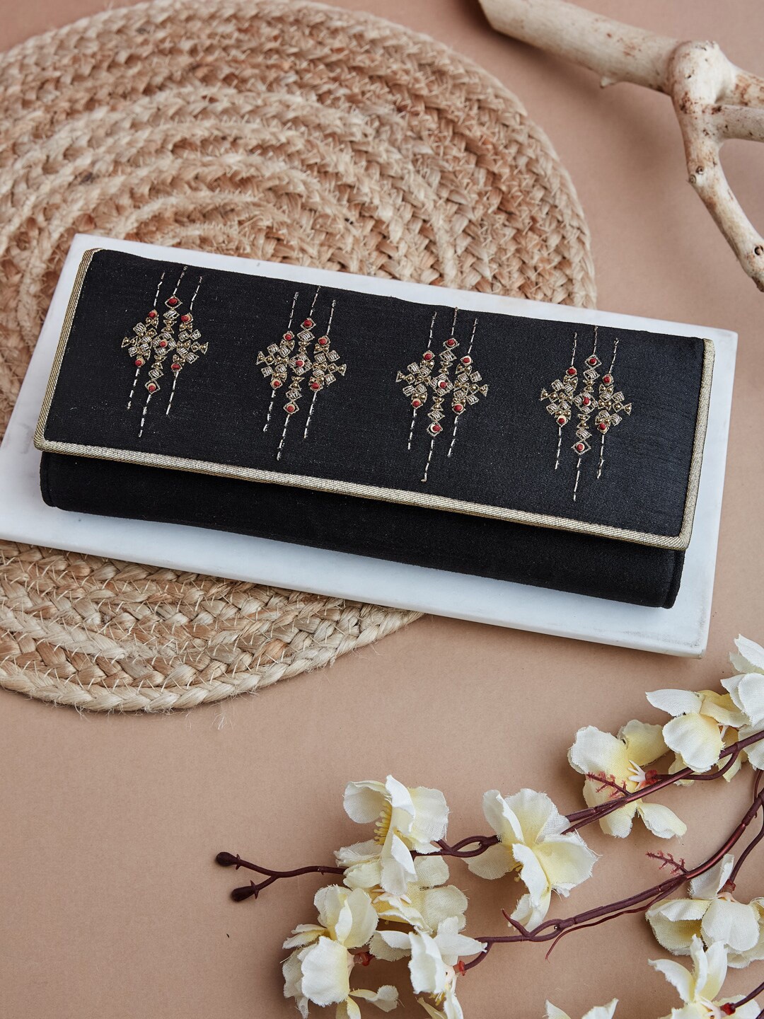 

Fabindia Embroidered Foldover Clutch, Black