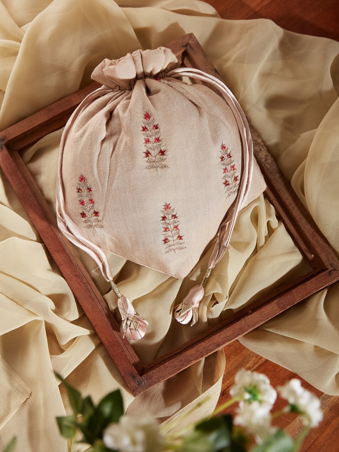 

Fabindia Embroidered Potli Clutch, Beige