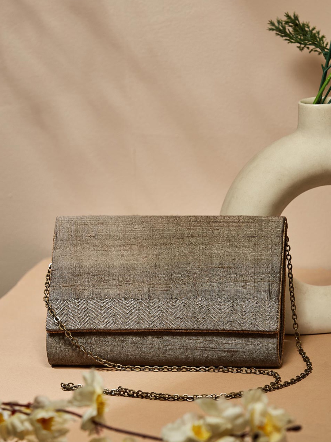 

Fabindia Embroidered Foldover Clutch, Grey