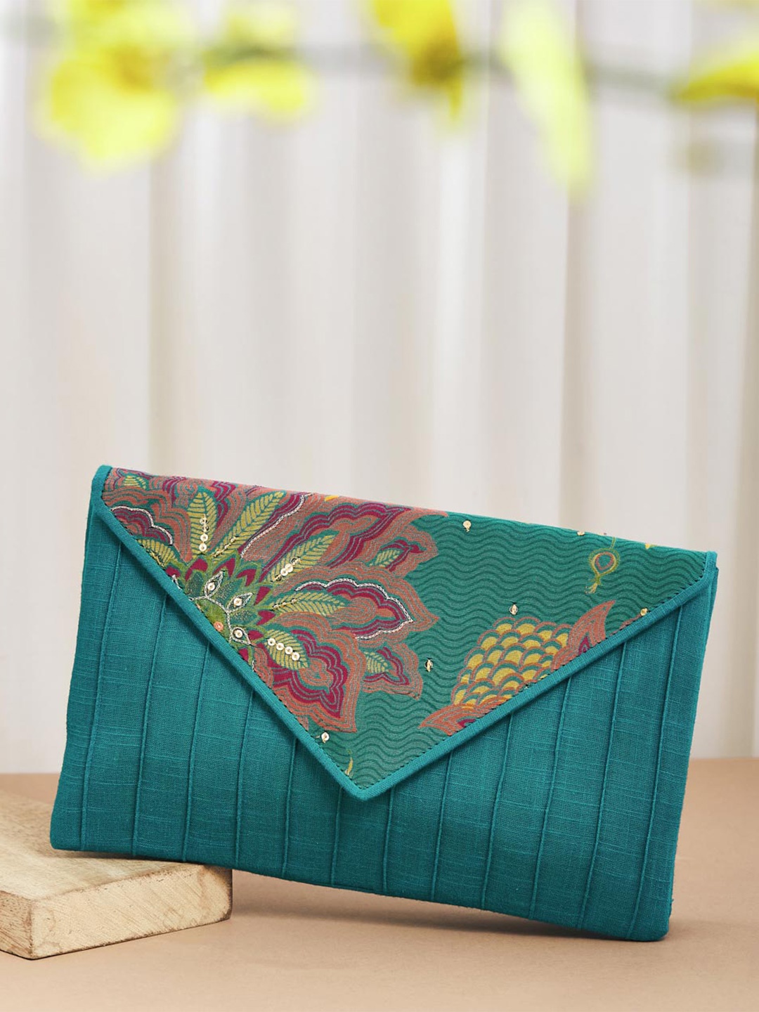 

Fabindia Printed Embellished Envelope Clutch, Teal