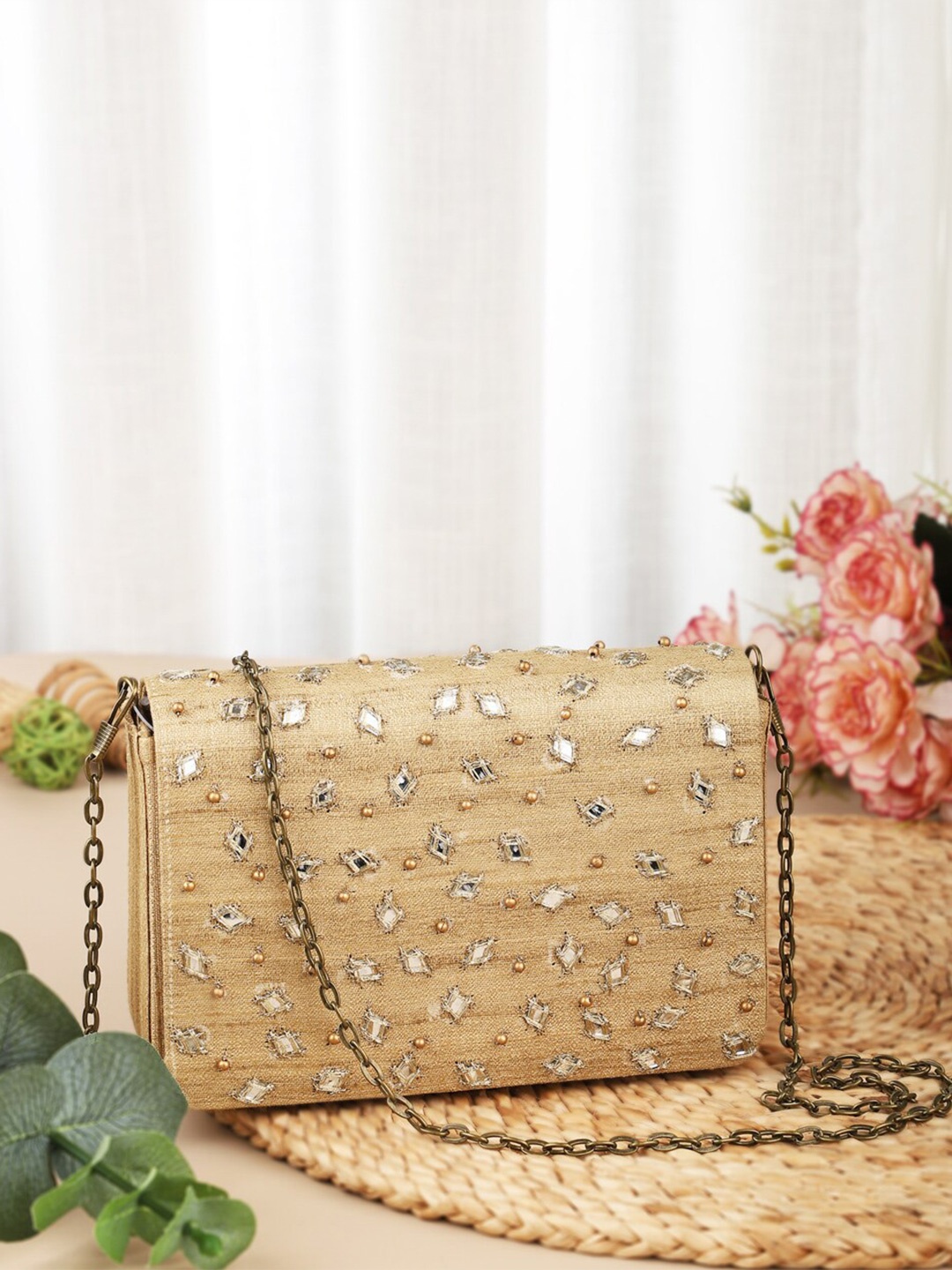

Fabindia FabBasic Embellished Foldover Clutch, Beige