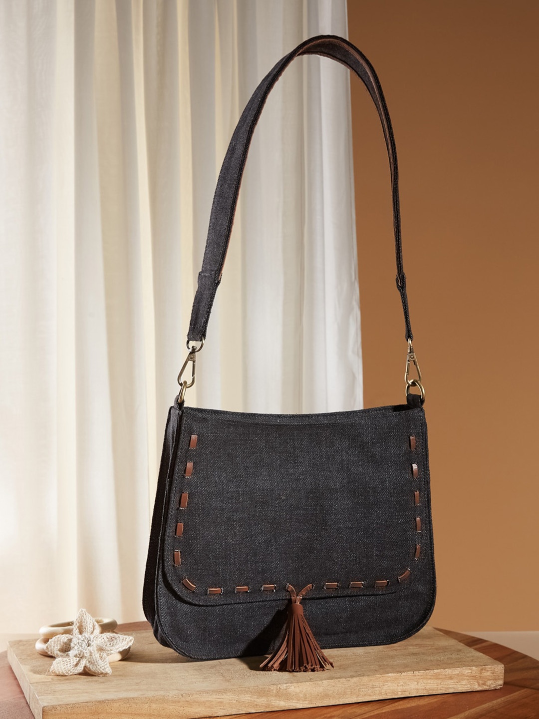 

Fabindia Structured Hobo Bag With Tasselled, Black