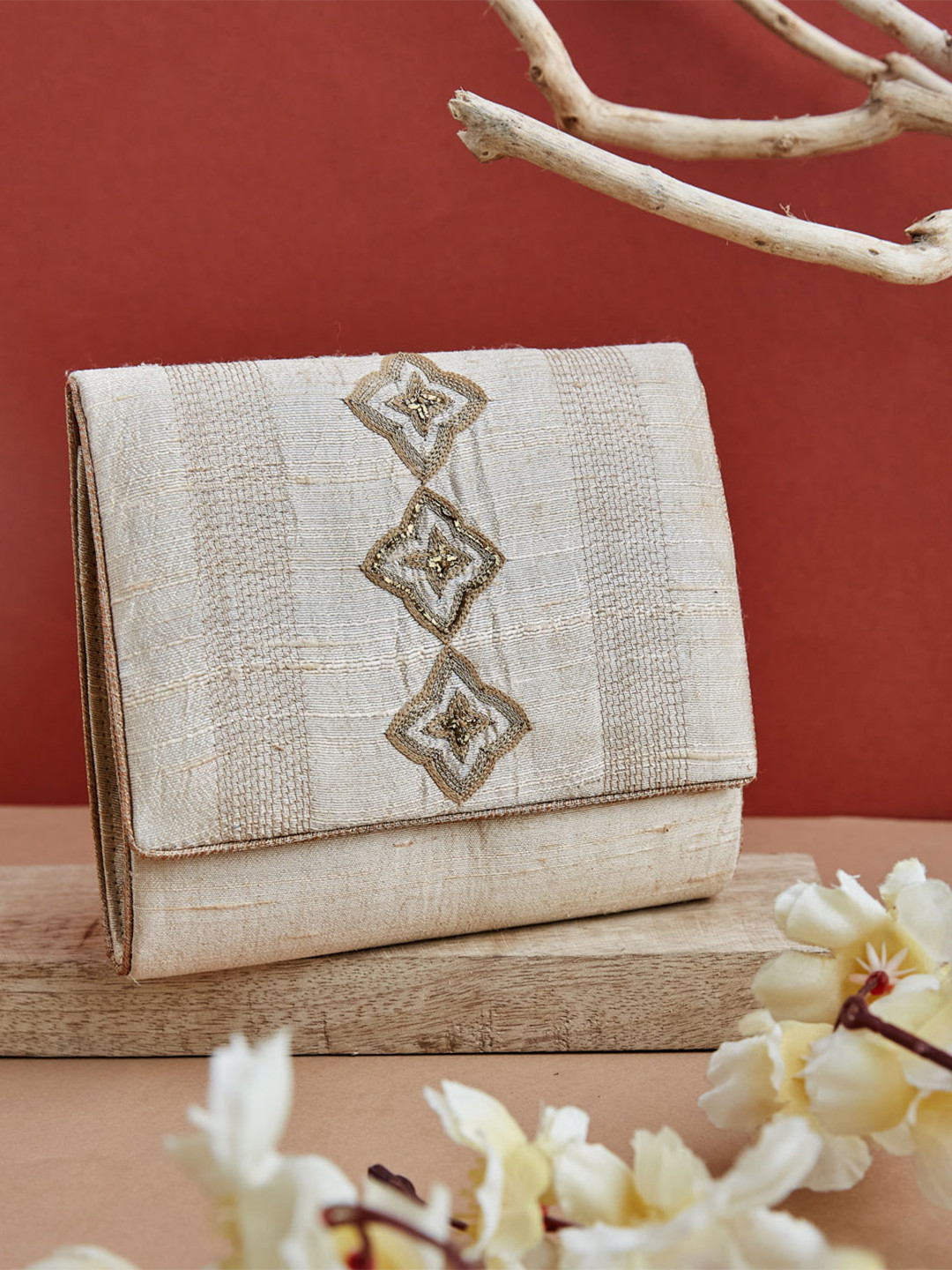 

Fabindia Embroidered Foldover Clutch, Beige