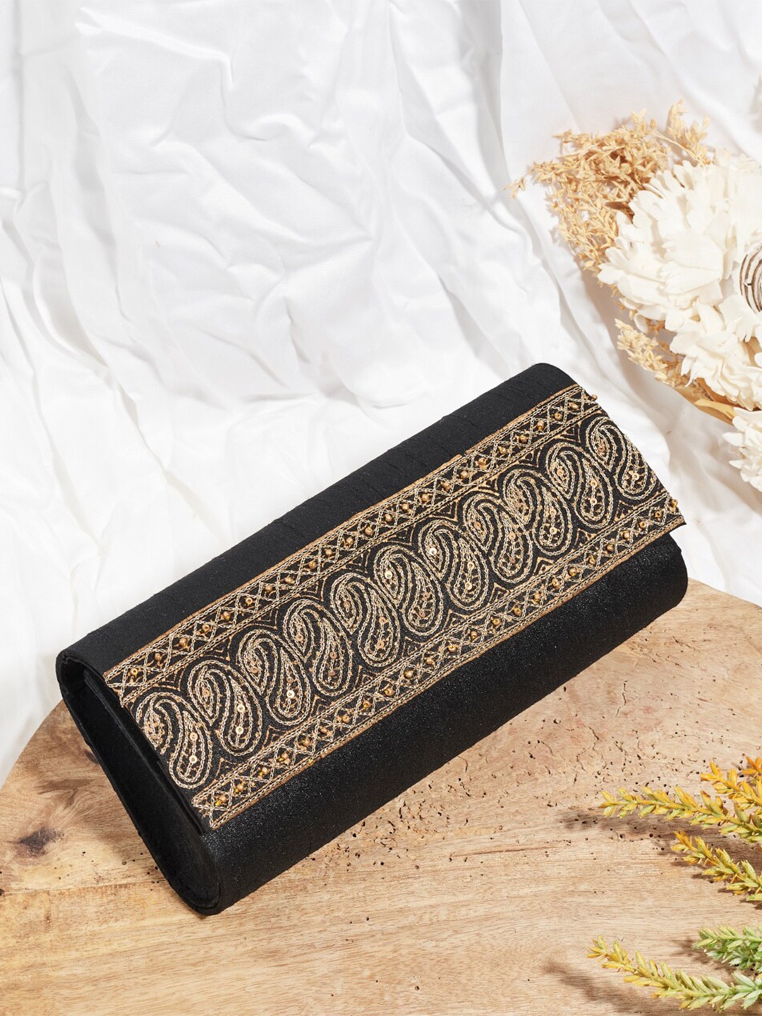 

Fabindia Embroidered Embellished Foldover Clutch, Black