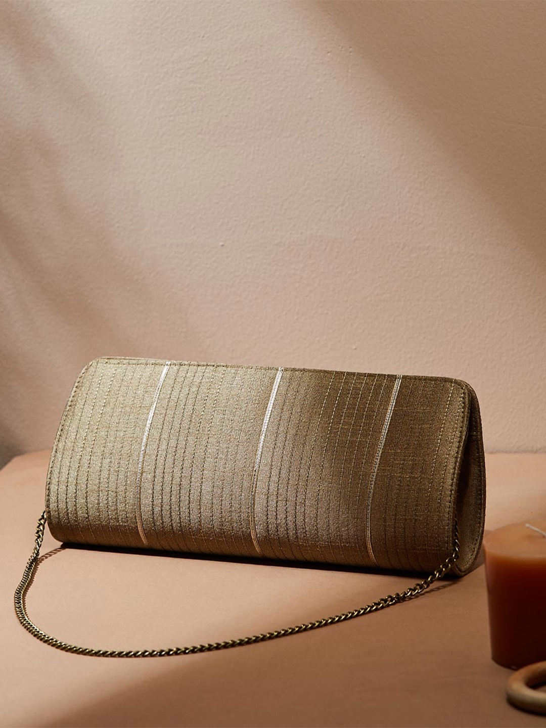 

Fabindia Striped Embroidered Purse Clutch, Gold