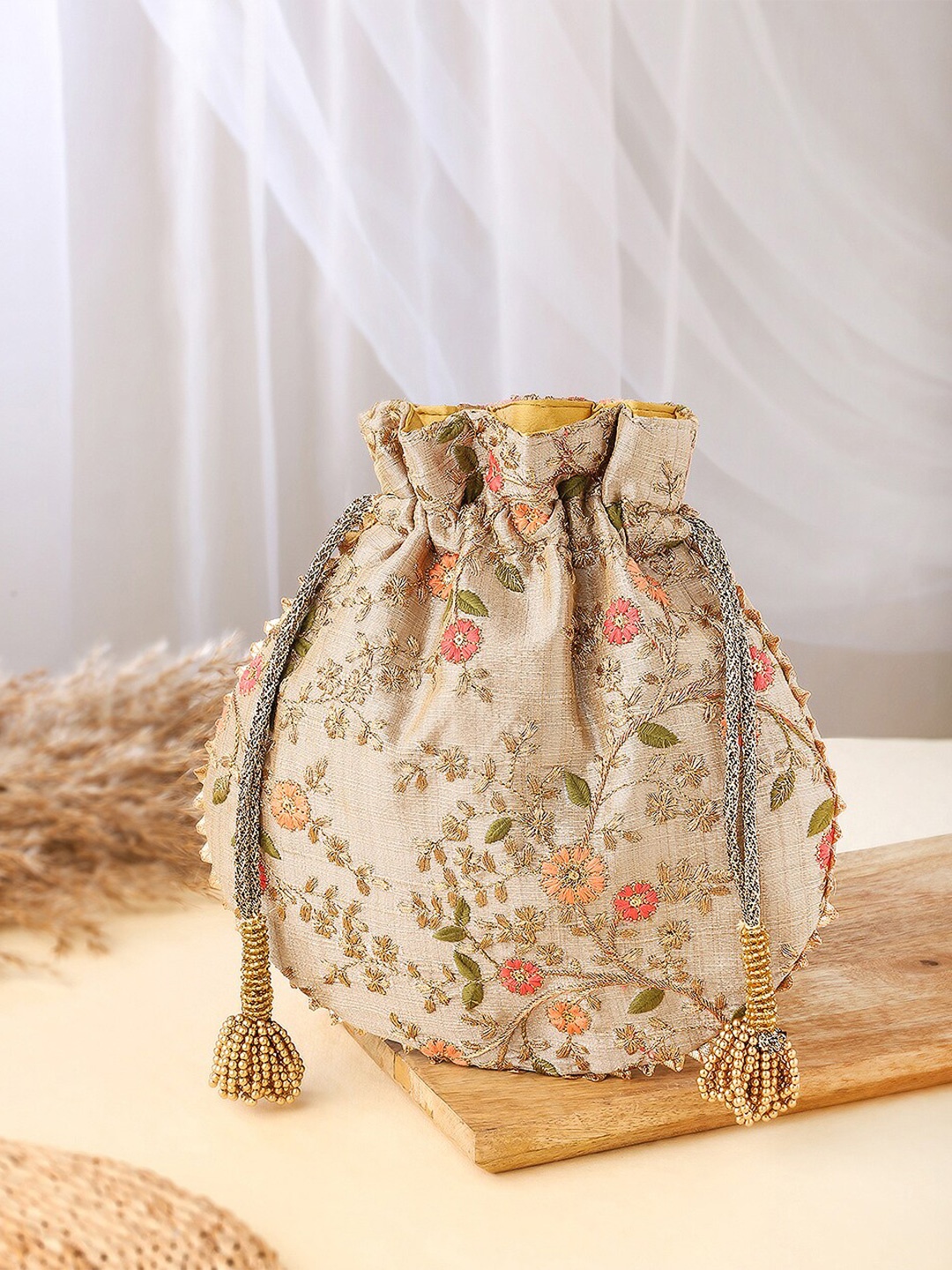 

Fabindia Embroidered Potli Clutch, Beige