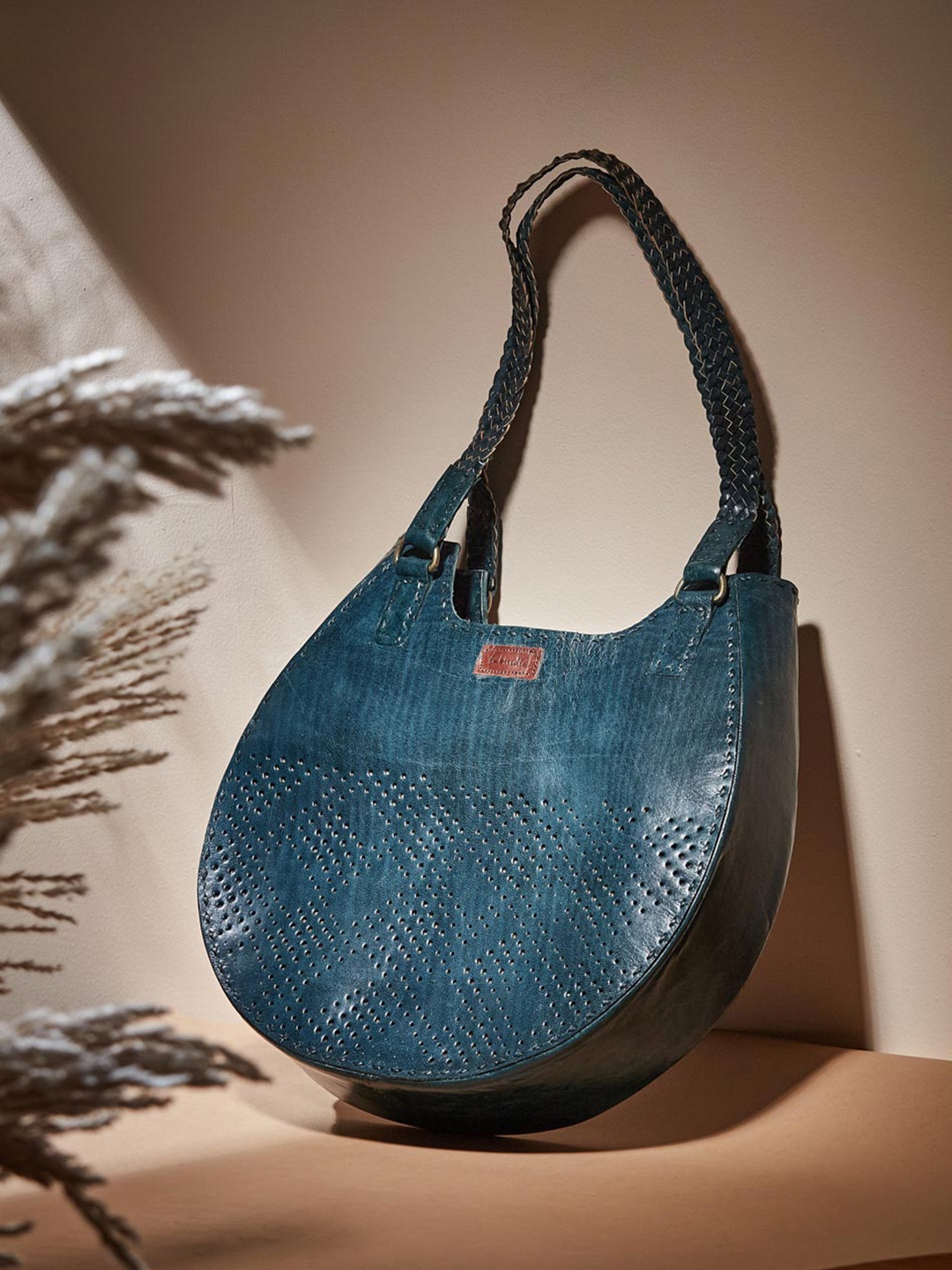 

Fabindia Textured Leather Half Moon Shoulder Bag, Green