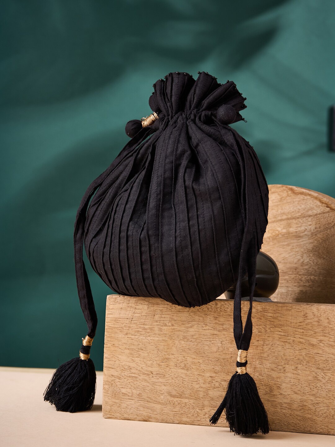

Fabindia Wrist Loop Potli Clutch, Black