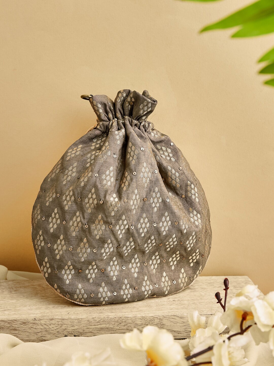 

Fabindia Embellished Drawstring Potli Clutch, Grey