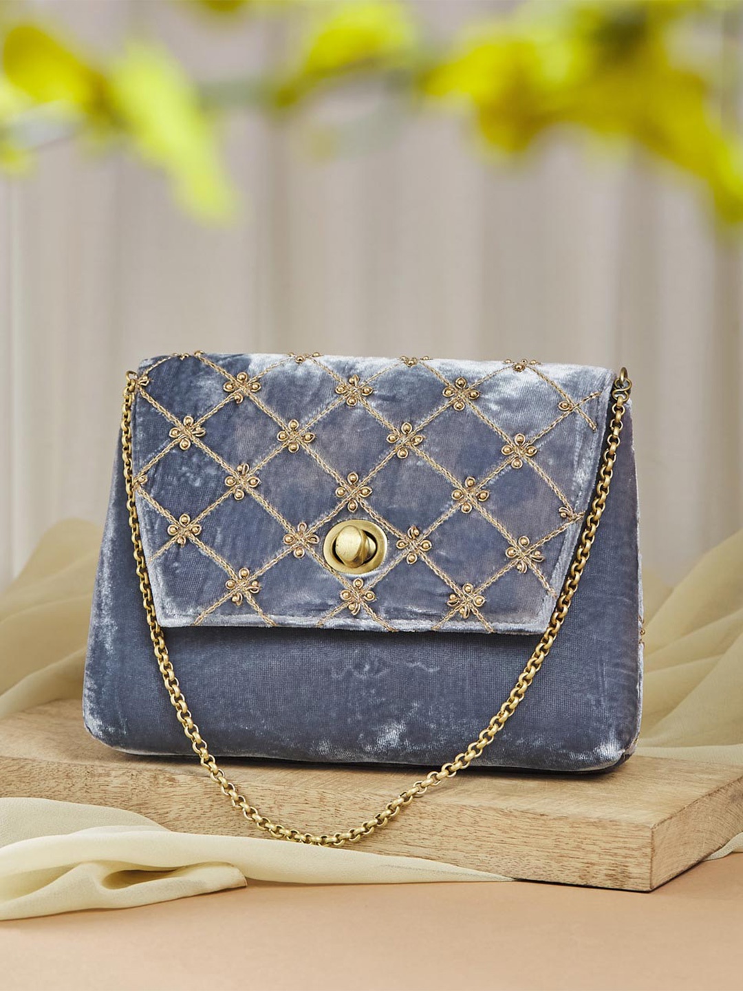 

Fabindia Embroidered Embellished Foldover Clutch, Grey