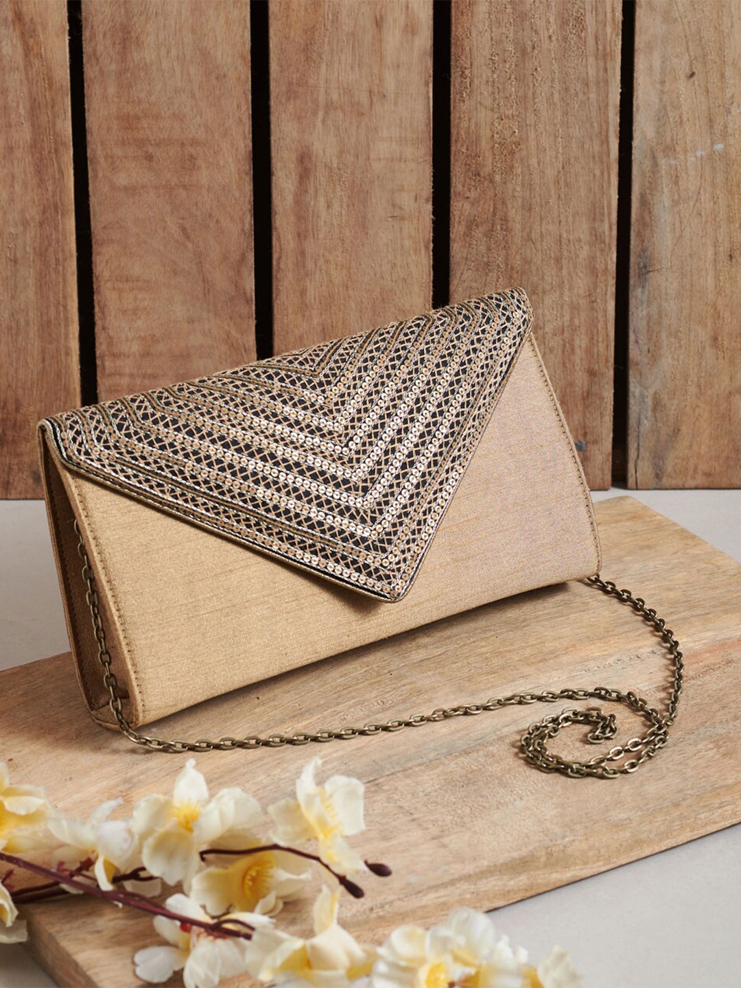

Fabindia Embroidered Embellished Envelope Clutch, Beige