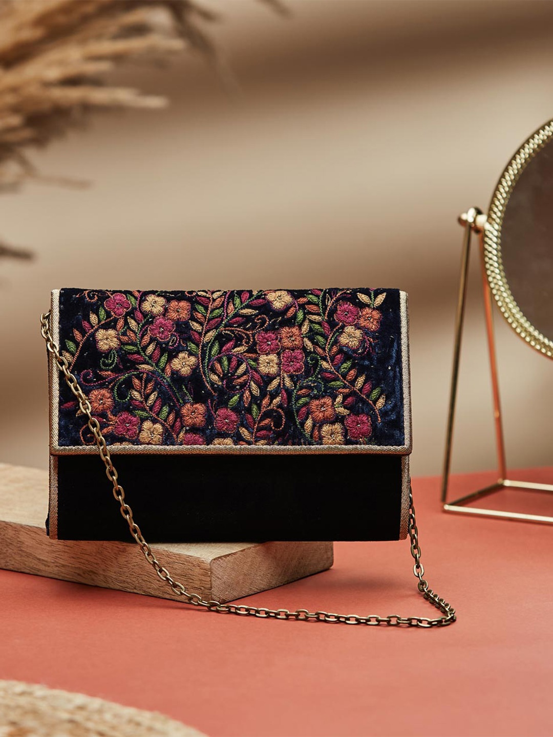 

Fabindia Embroidered Foldover Clutch, Navy blue