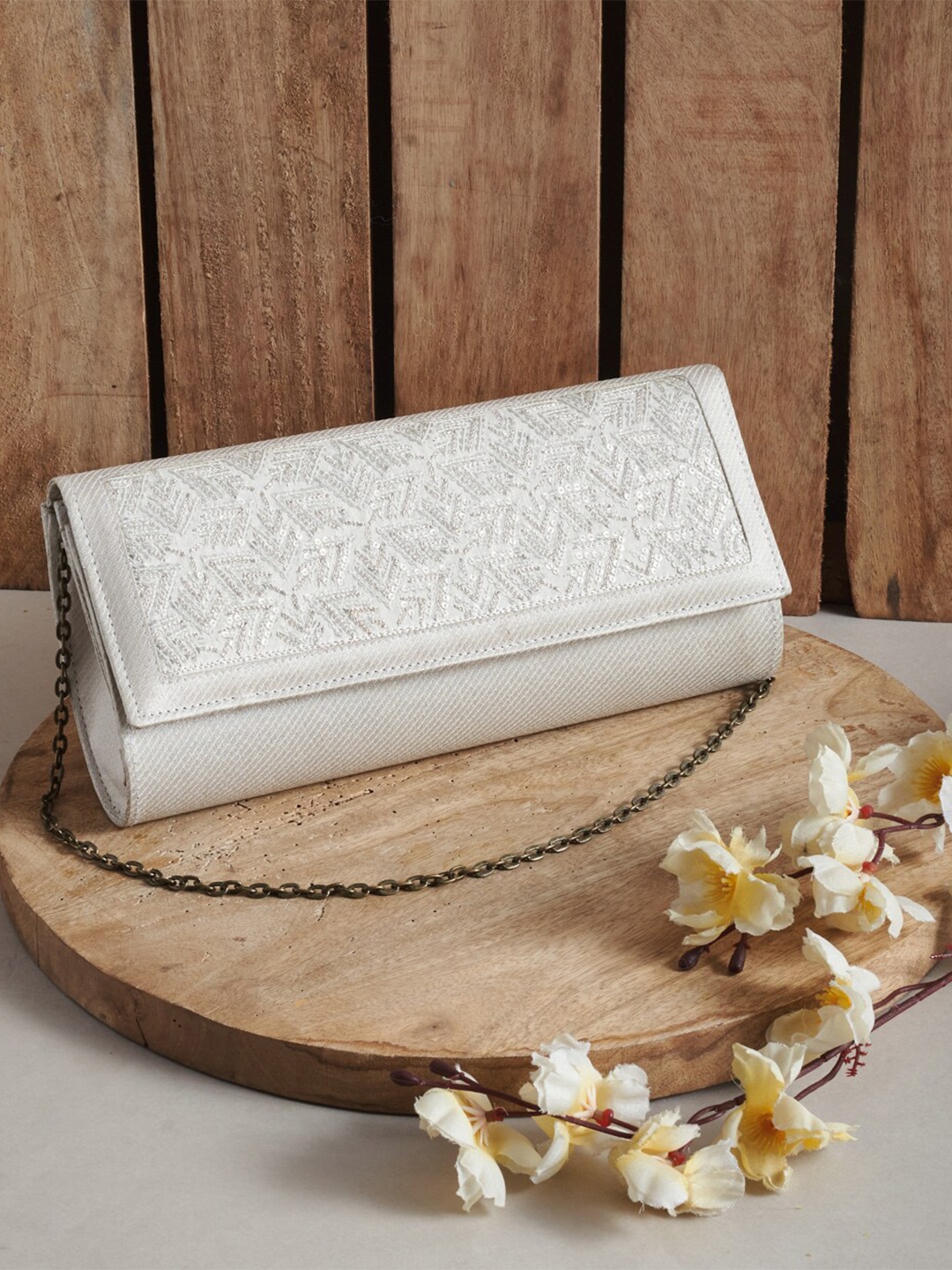 

Fabindia Embroidered Embellished Foldover Clutch, Silver