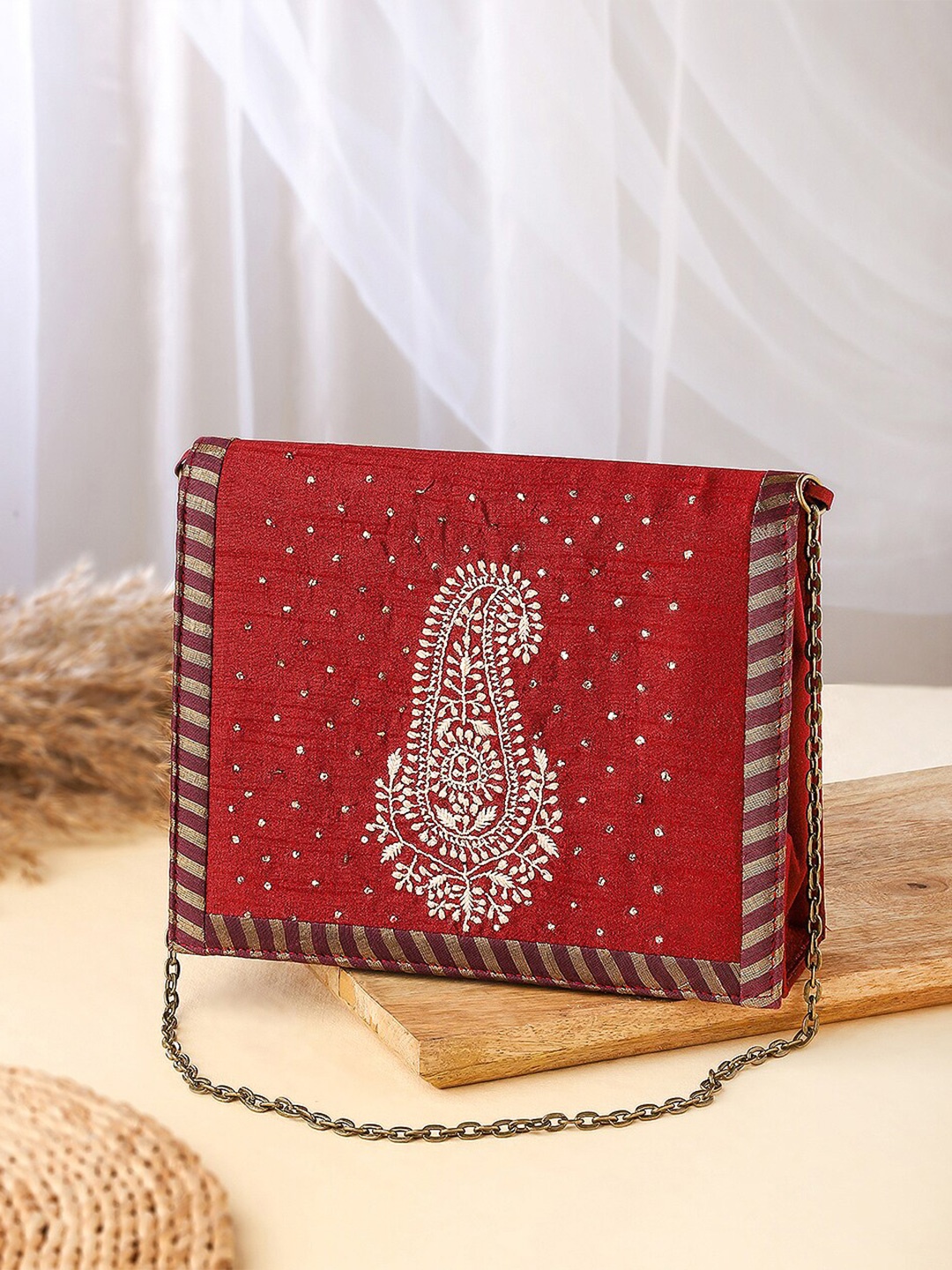 

Fabindia Embroidered Embellished Foldover Clutch, Red