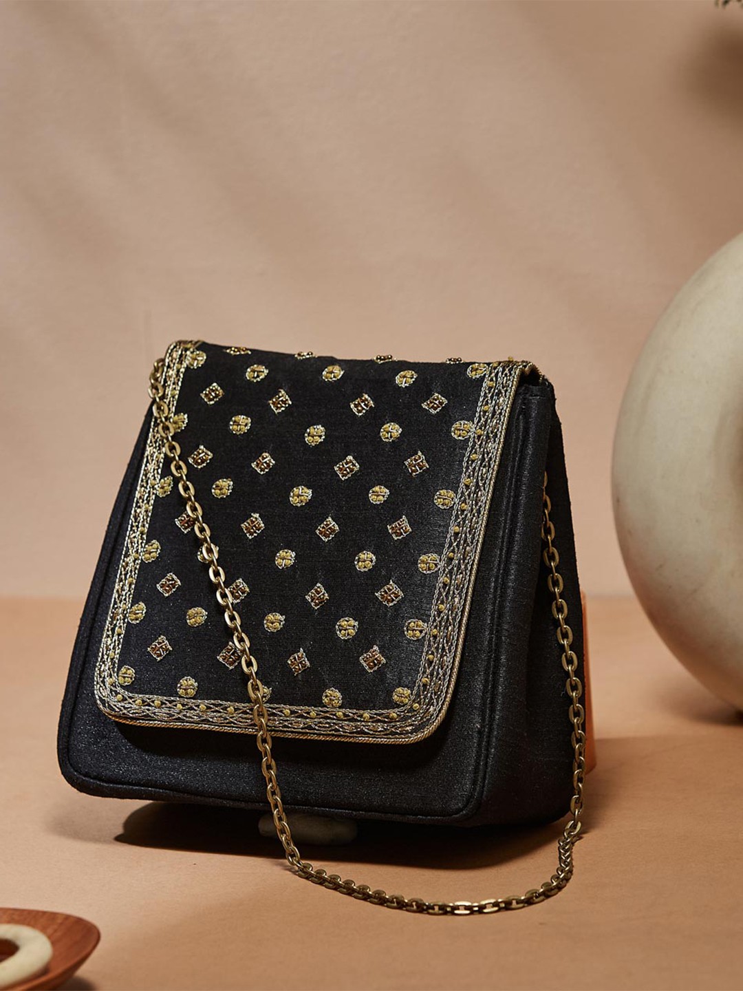 

Fabindia Embroidered Embellished Foldover Clutch, Black