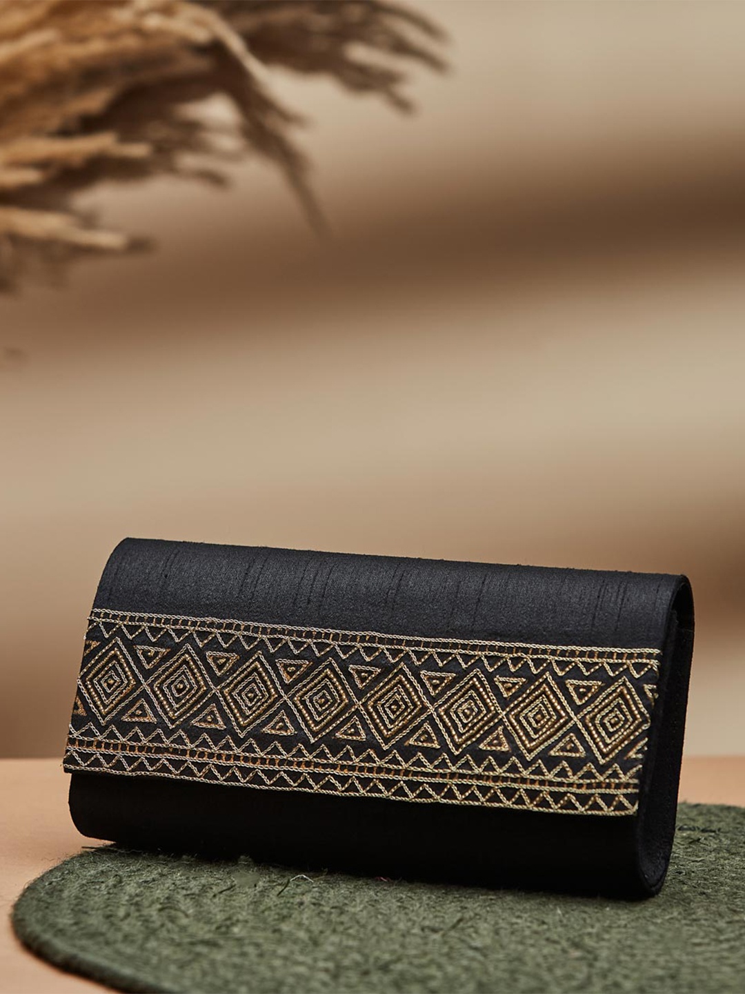

Fabindia Embroidered Foldover Clutch, Black