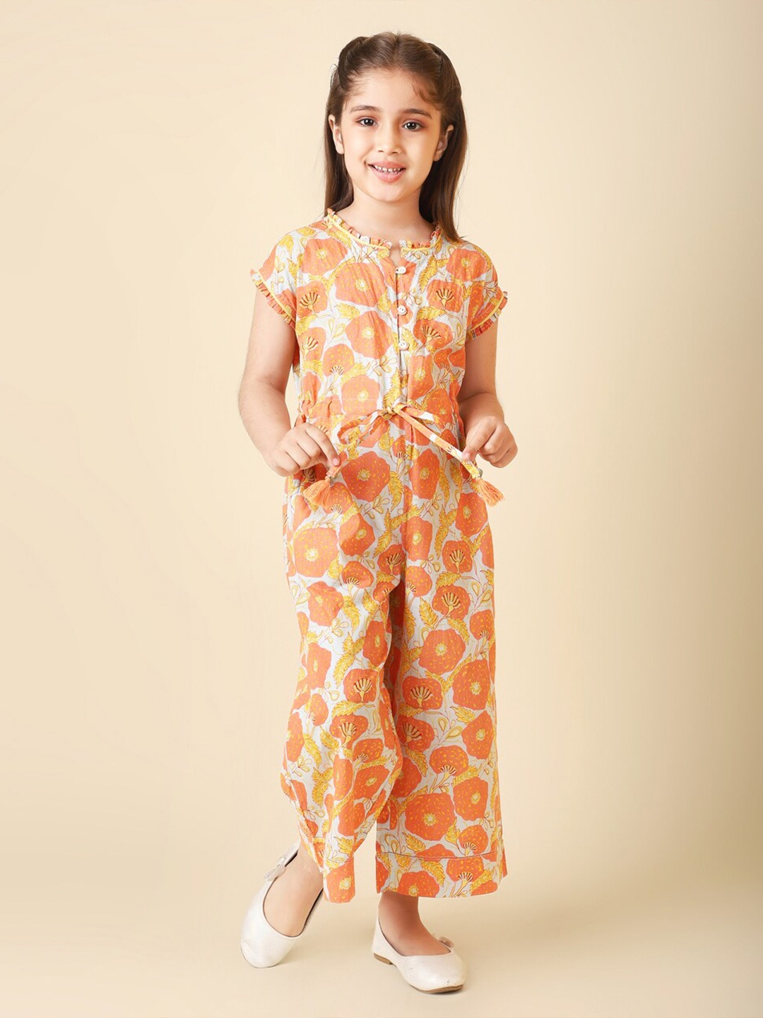 

Fabindia Girls Floral Printed Cotton Basic Jumpsuit, Orange