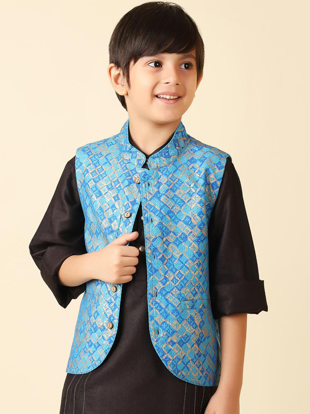 

Fabindia Boys Geometric Printed Nehru Jacket, Turquoise blue