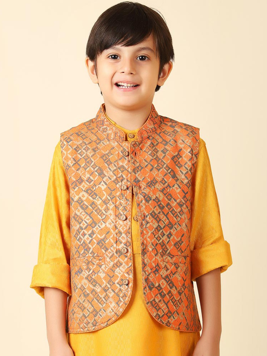 

Fabindia Boys Printed Woven Nehru Jacket, Orange