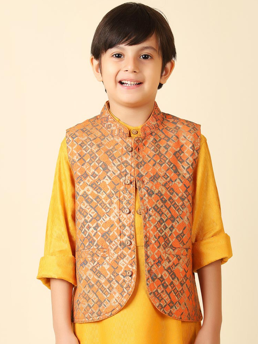 

Fabindia Boys Printed Nehru Jacket, Orange