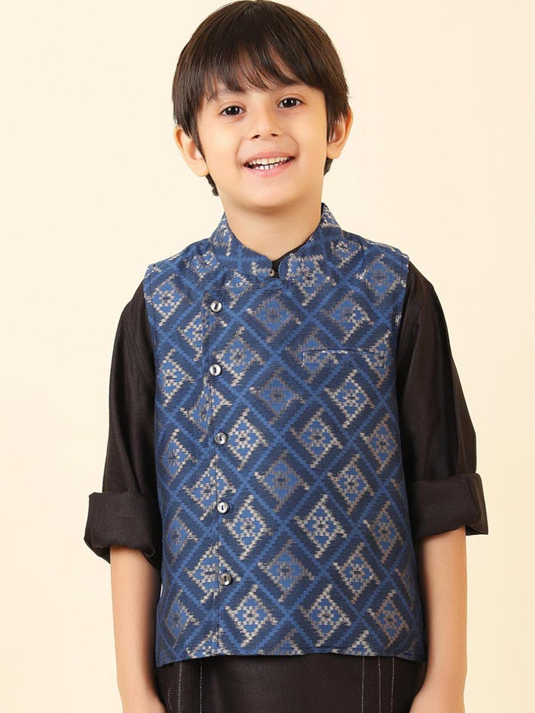 

Fabindia Boys Geometric Printed Nehru Jacket, Blue