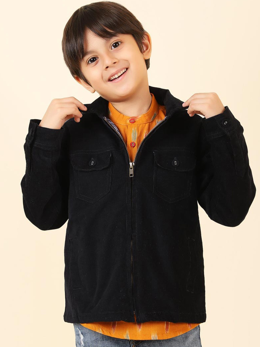 

Fabindia Boys Mock Collar Bomber Jacket, Navy blue